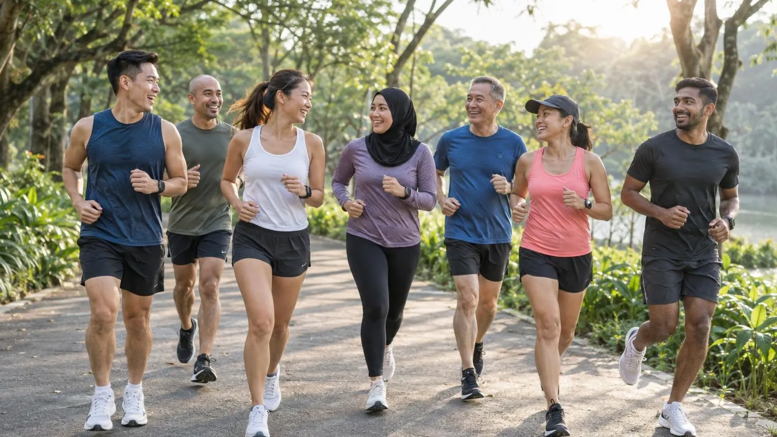 A group of runners in running kit jogging together along a tree-lined park path at sunrise