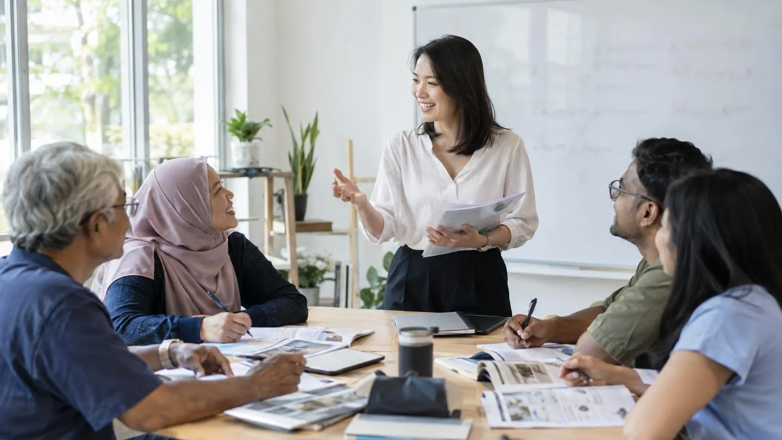 An instructor teaching a small adult class at a table in a bright classroom