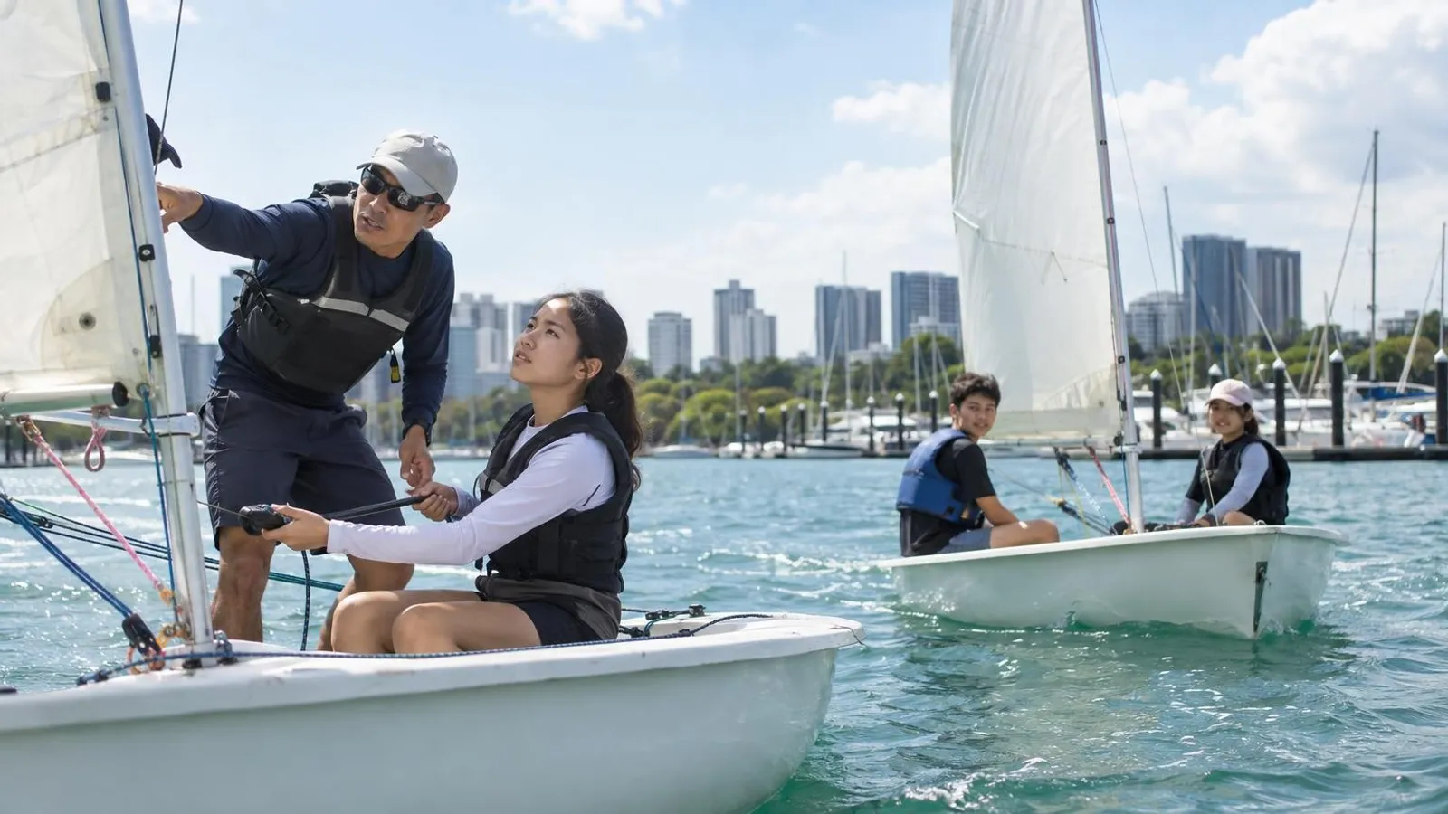 An instructor coaching students sailing dinghies at a Singapore marina