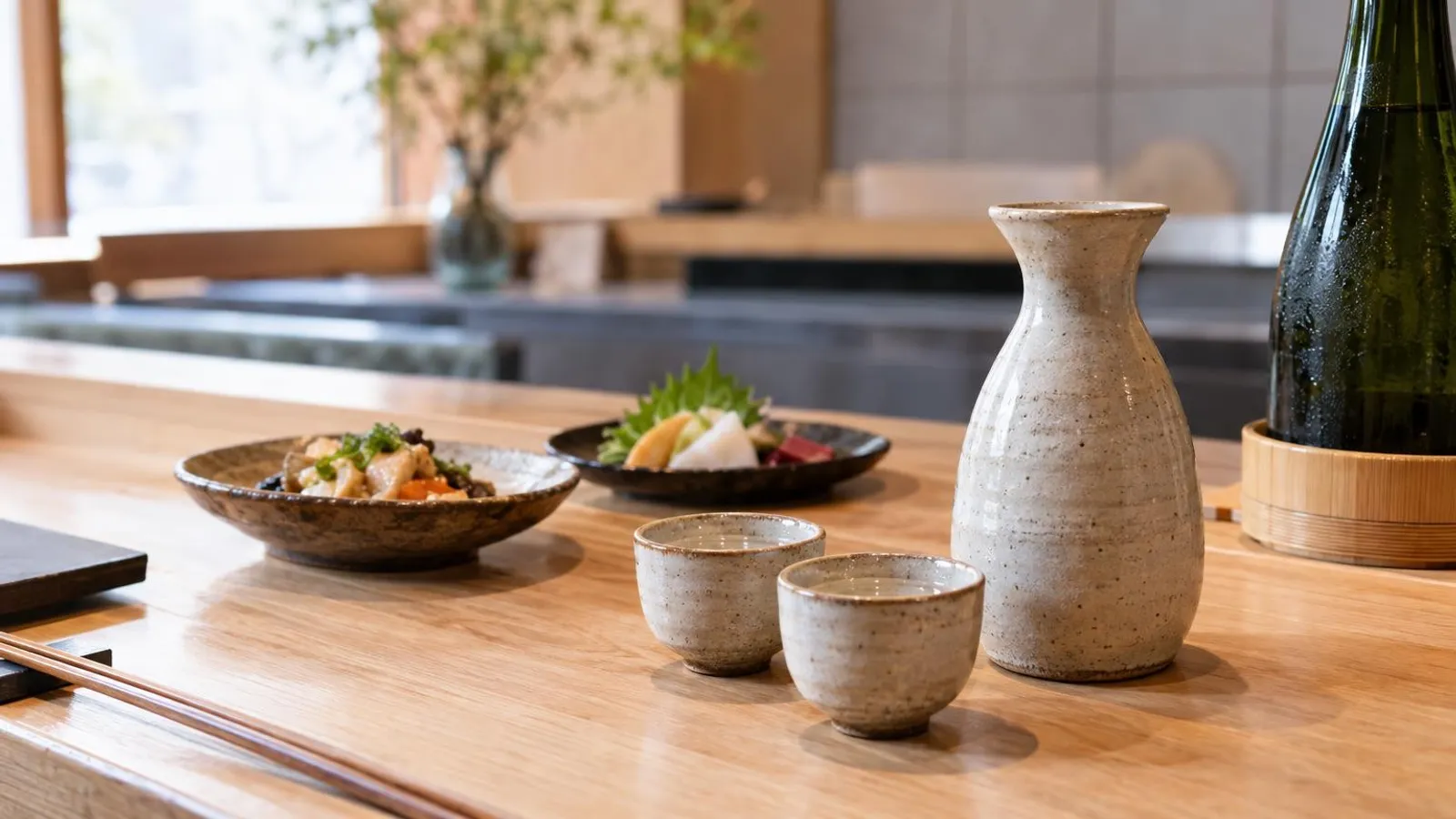 A ceramic tokkuri sake flask and two small sake cups on a light-wood counter beside a chilled bottle and Japanese small plates