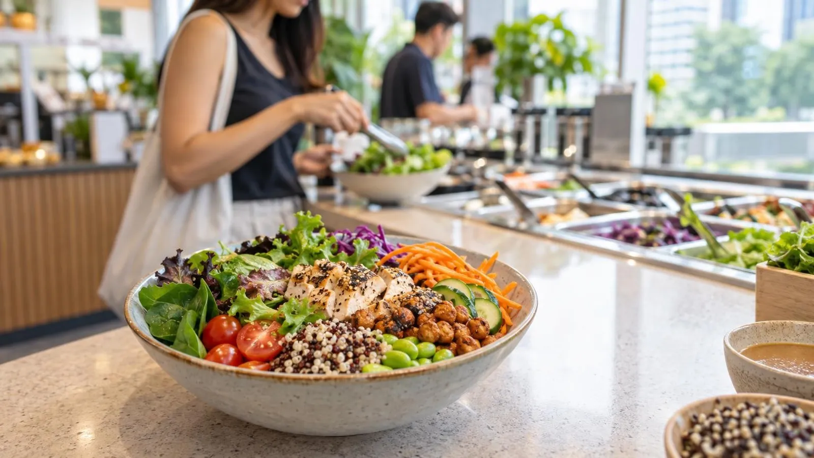 A fresh salad and grain bowl at a bright Singapore salad bar with colourful vegetables and toppings