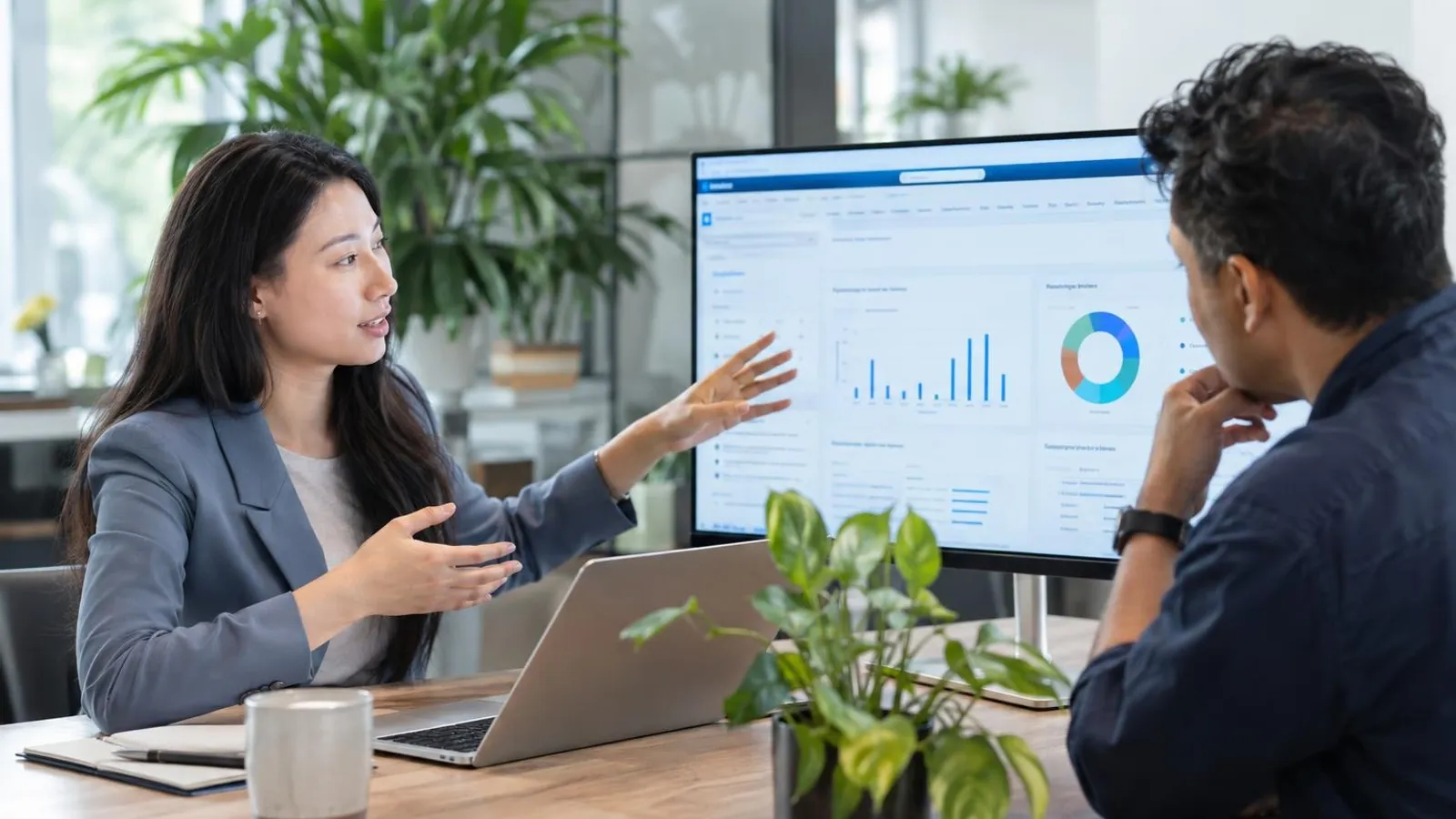Salesforce Consultants: a customer and a provider in a bright, modern setting