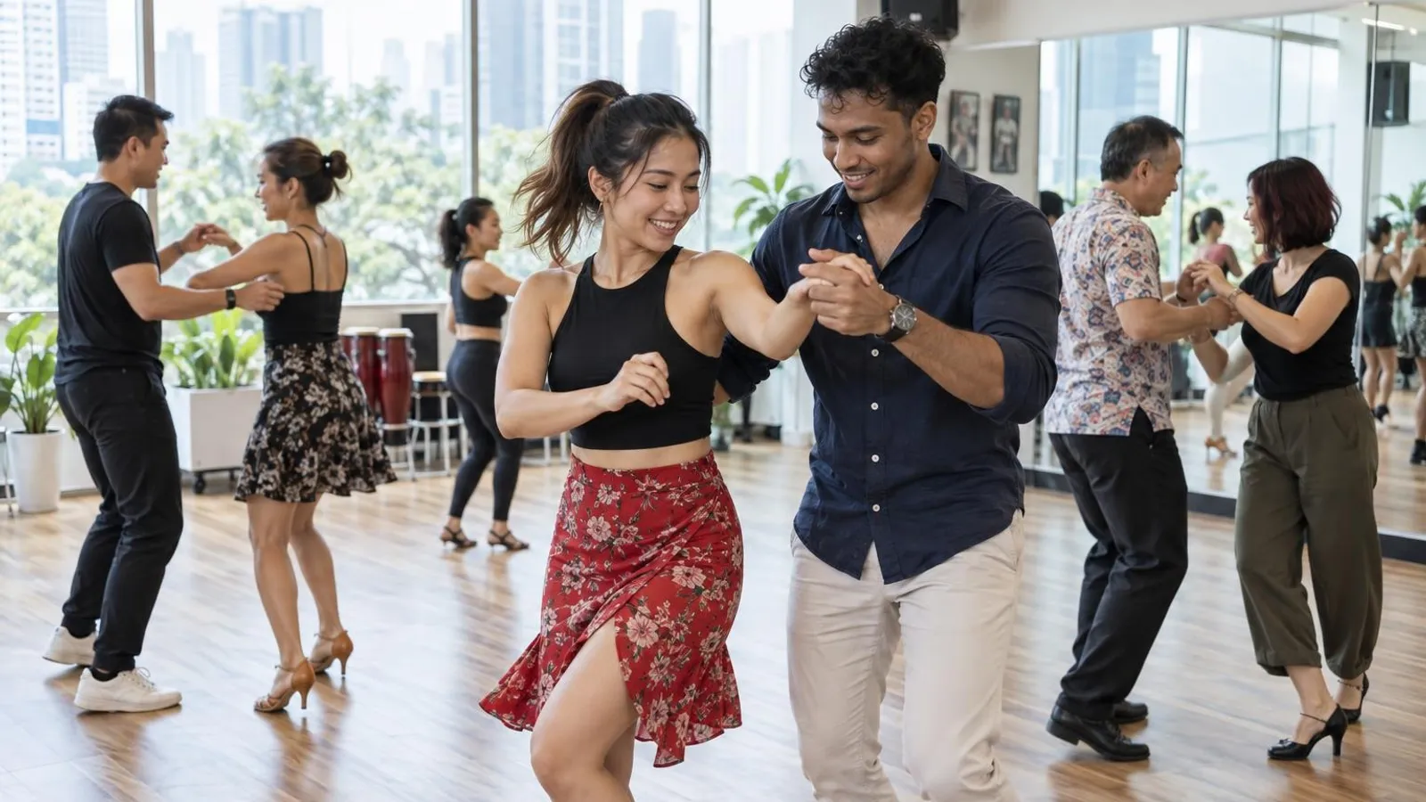Adults dancing salsa in pairs on the wooden floor of a bright modern Singapore dance studio with mirrored walls