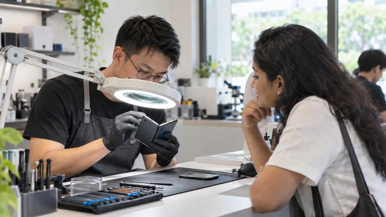 A technician inspecting a smartphone under a magnifier lamp at a bright repair counter with a customer