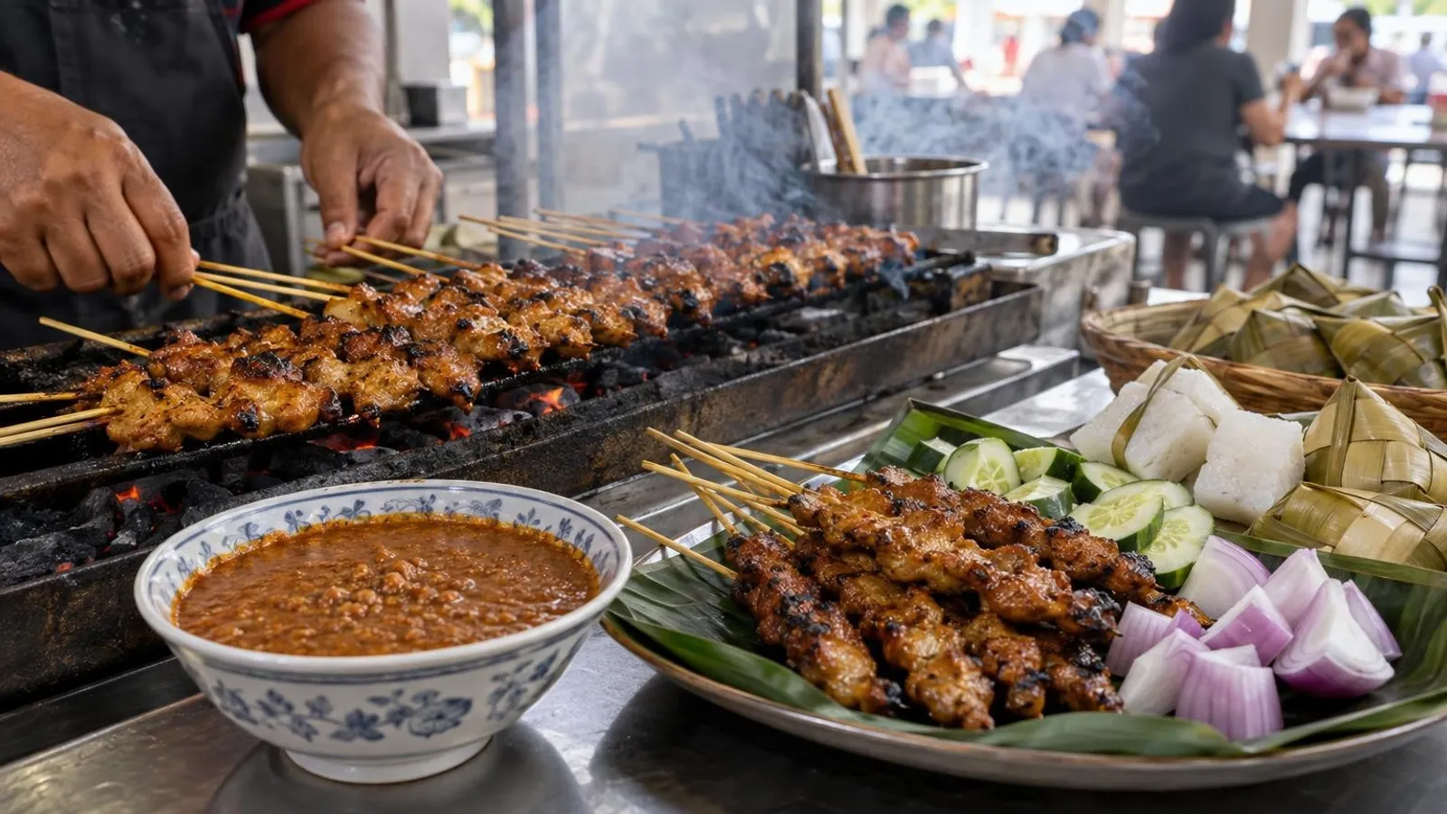 Skewers of charcoal-grilled satay with peanut sauce and ketupat in Singapore