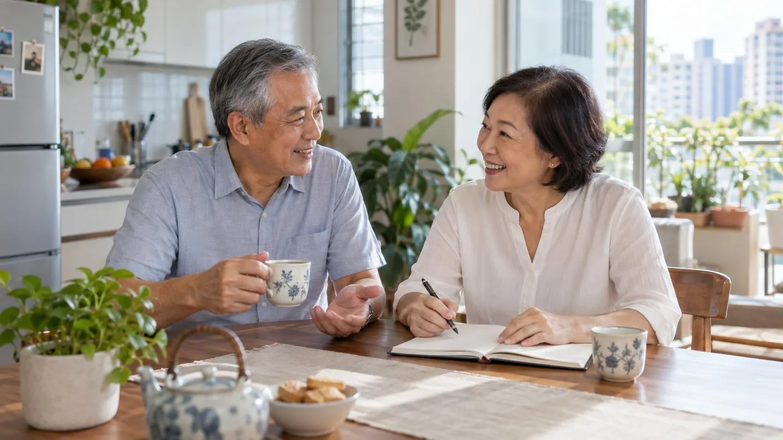 An older couple planning their household finances over tea at a sunlit kitchen table in a Singapore flat