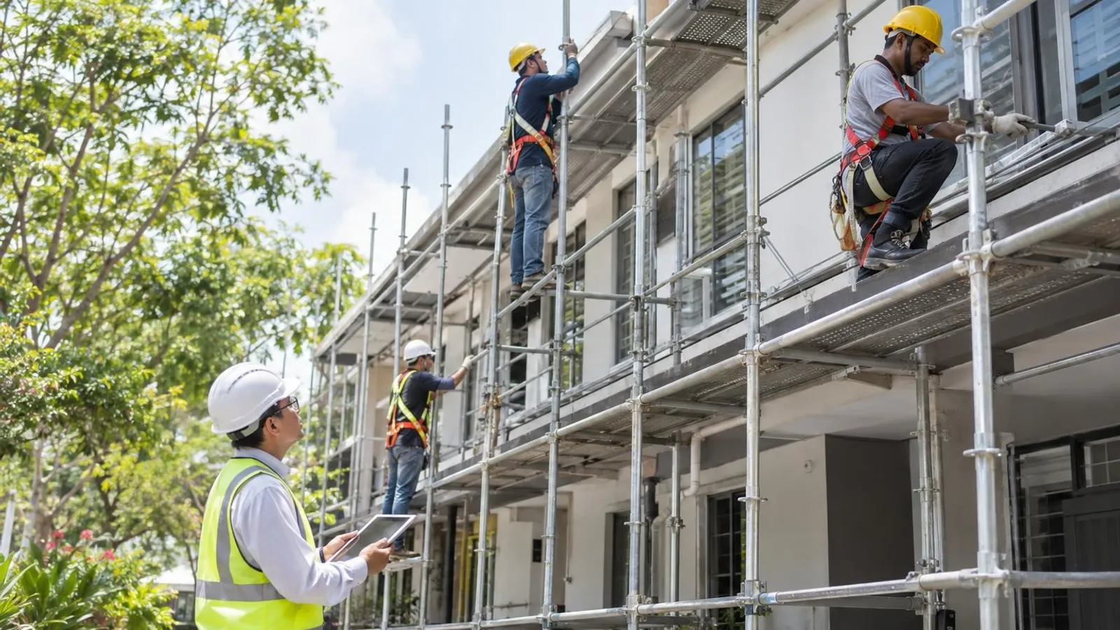 Workers assembling metal scaffolding on a building facade while a supervisor watches
