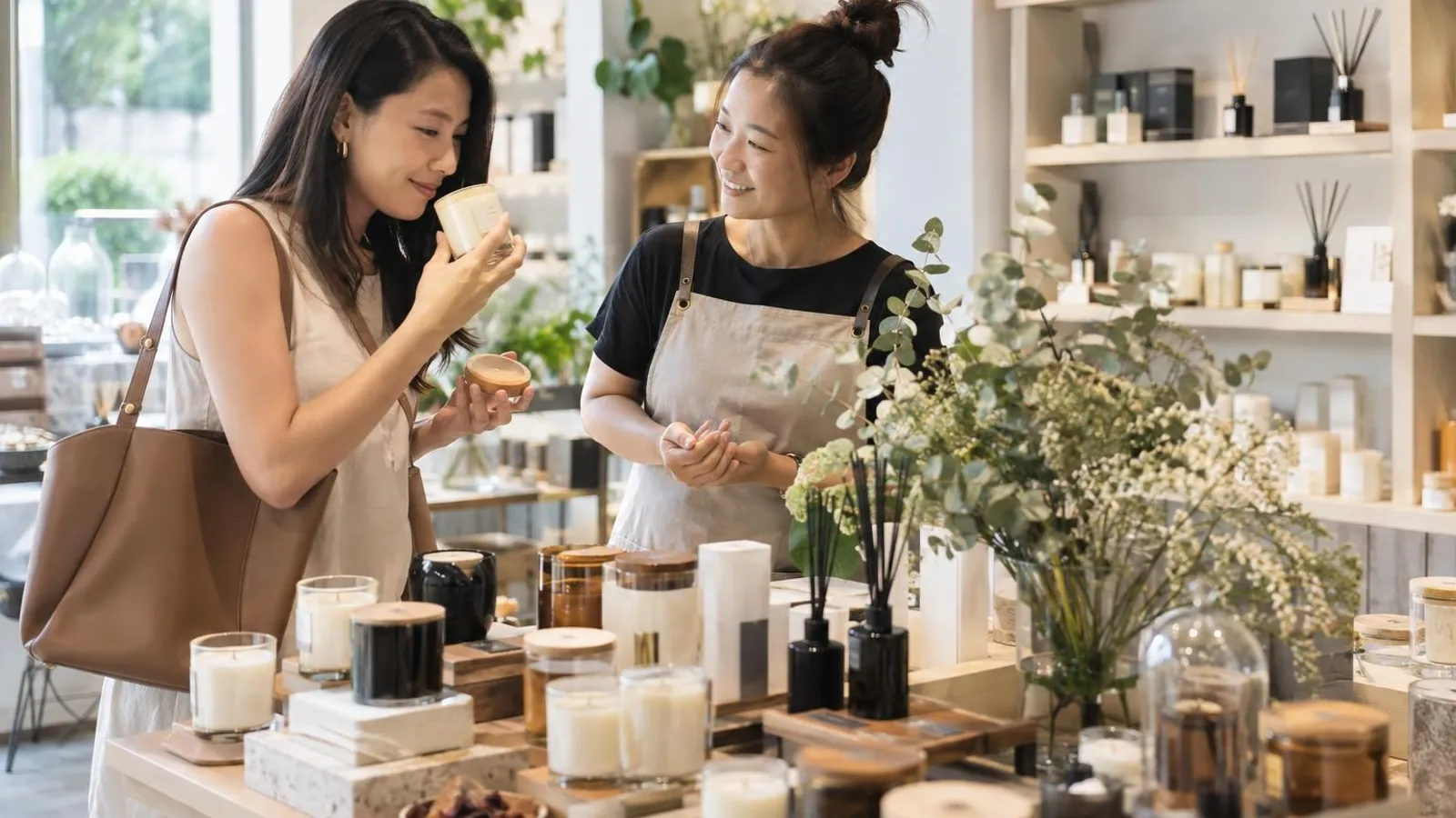 Scented Candle and Home Fragrance Shops: a customer and a provider in a bright, modern setting
