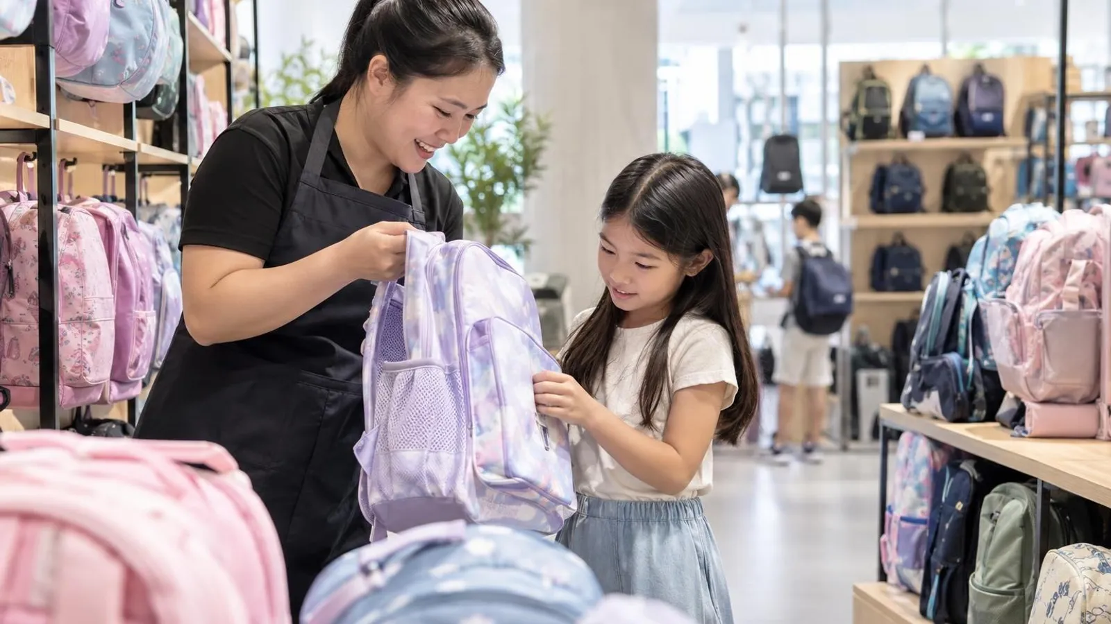 School Bag and Kids Backpack Shops: a customer and a provider in a bright, modern setting