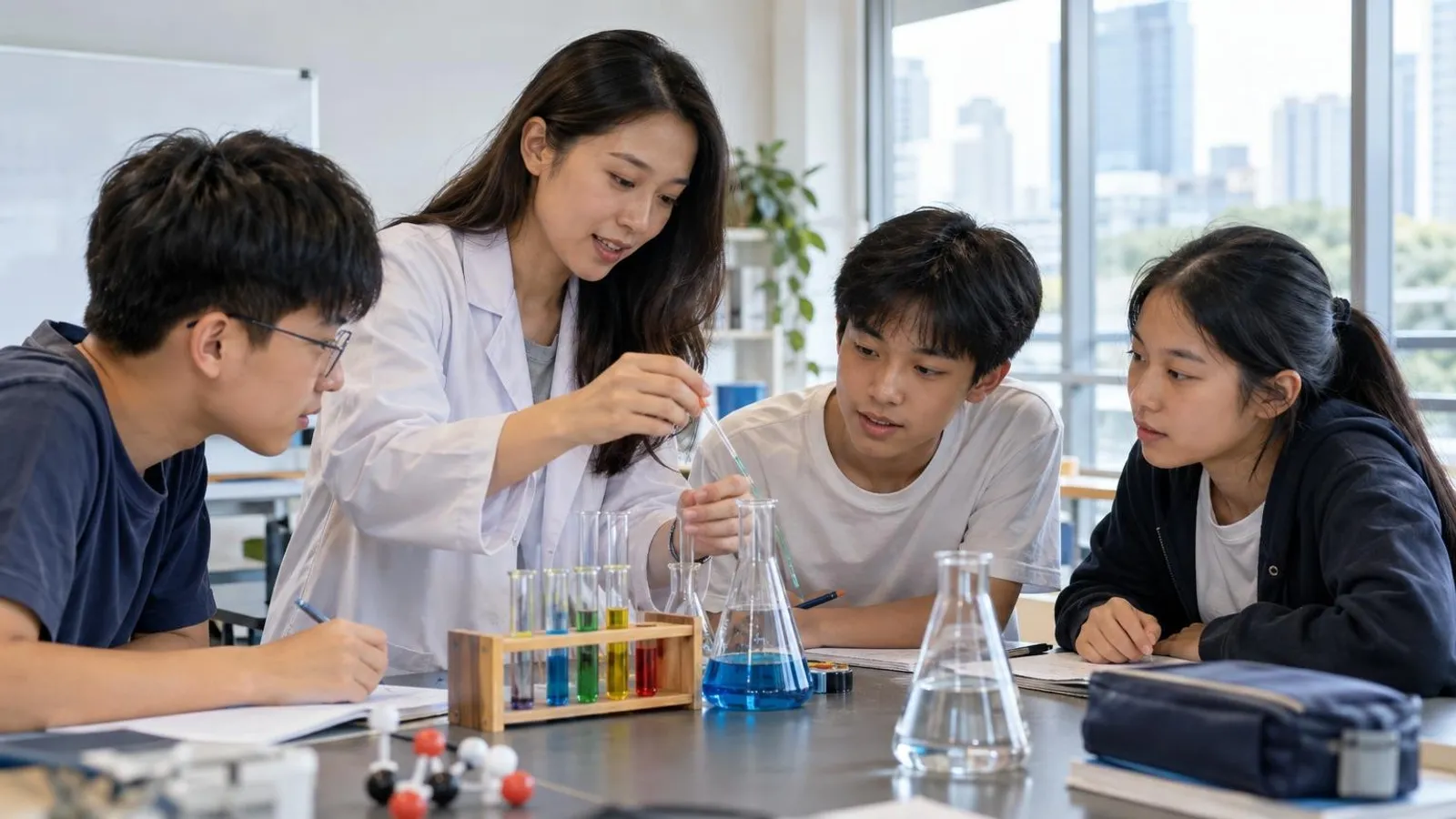 A science tutor demonstrating an experiment with lab apparatus to students in a bright tuition centre