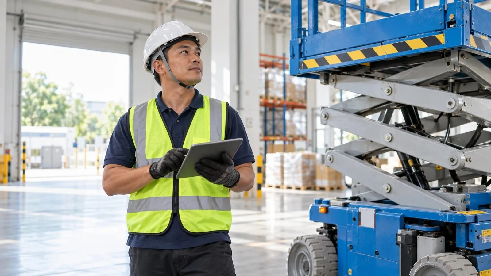 Scissor Lift and Boom Lift Rental Companies: a customer and a provider in a bright, modern setting