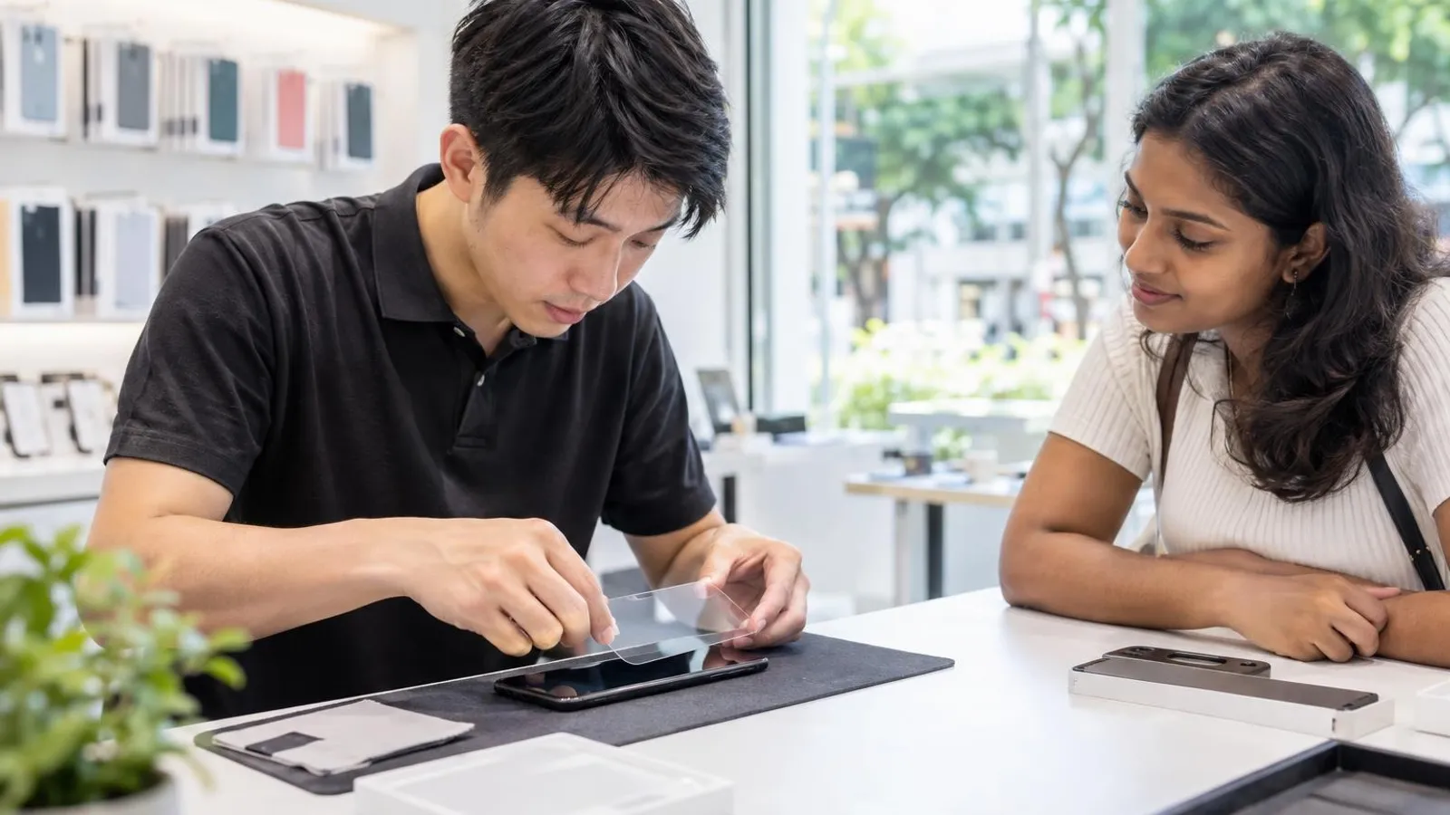A shop assistant carefully applying a tempered-glass screen protector to a smartphone at a bright counter
