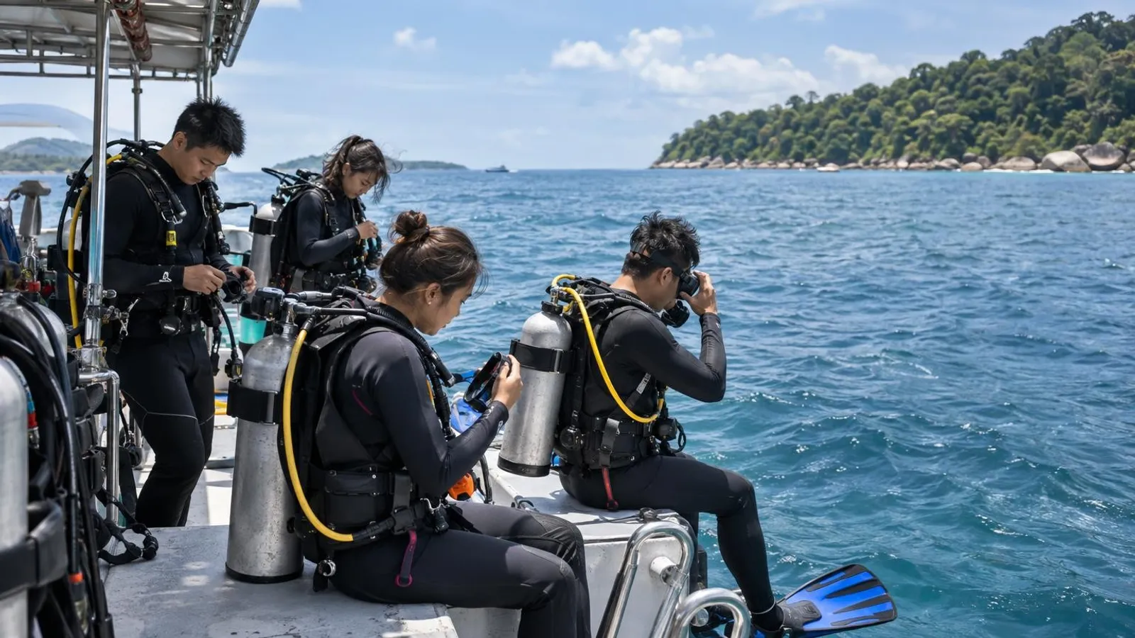 Scuba divers gearing up with tanks and regulators on a dive boat at a Singapore dive trip