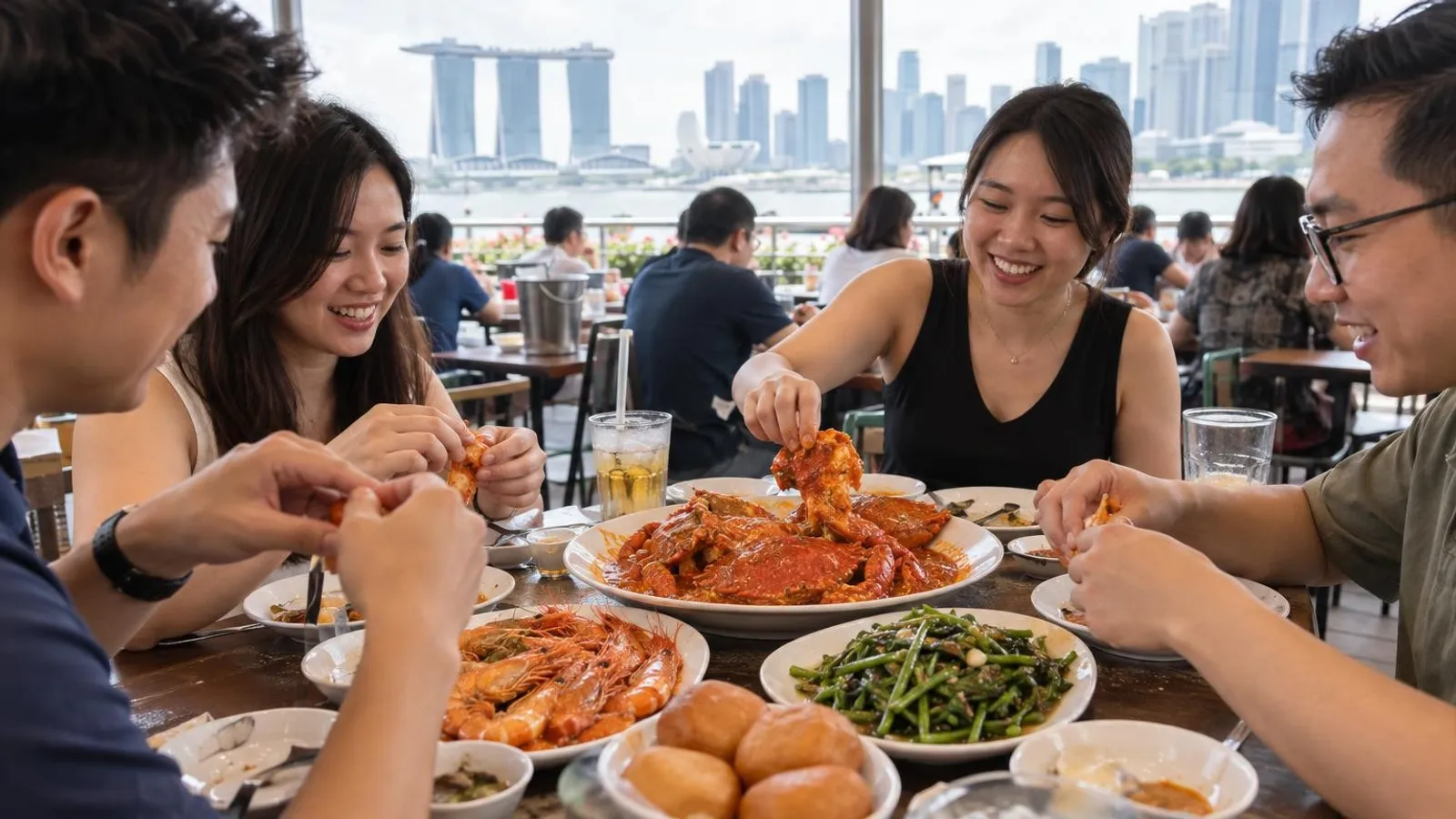 Friends sharing chilli crab, prawns and greens at a Singapore waterfront seafood restaurant