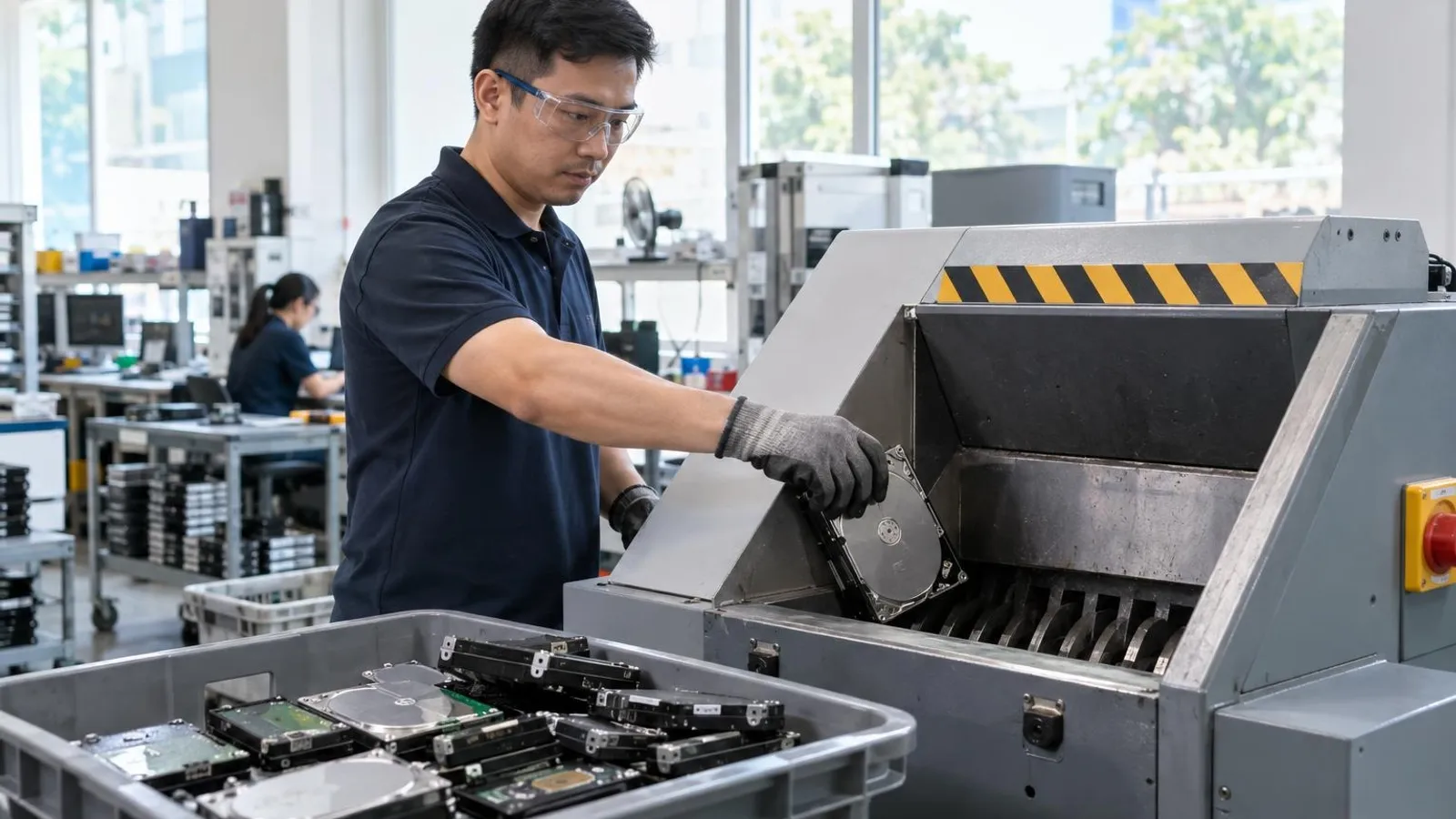 A technician in safety glasses feeding old hard drives into an industrial shredder in a bright workshop