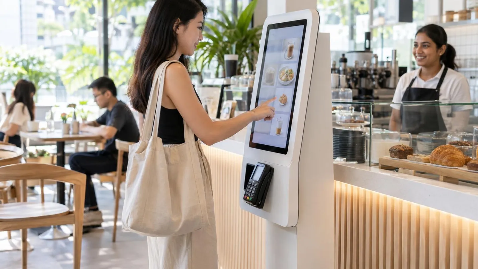 A customer using a freestanding self-ordering kiosk at a bright modern cafe while a staff member smiles from behind the counter