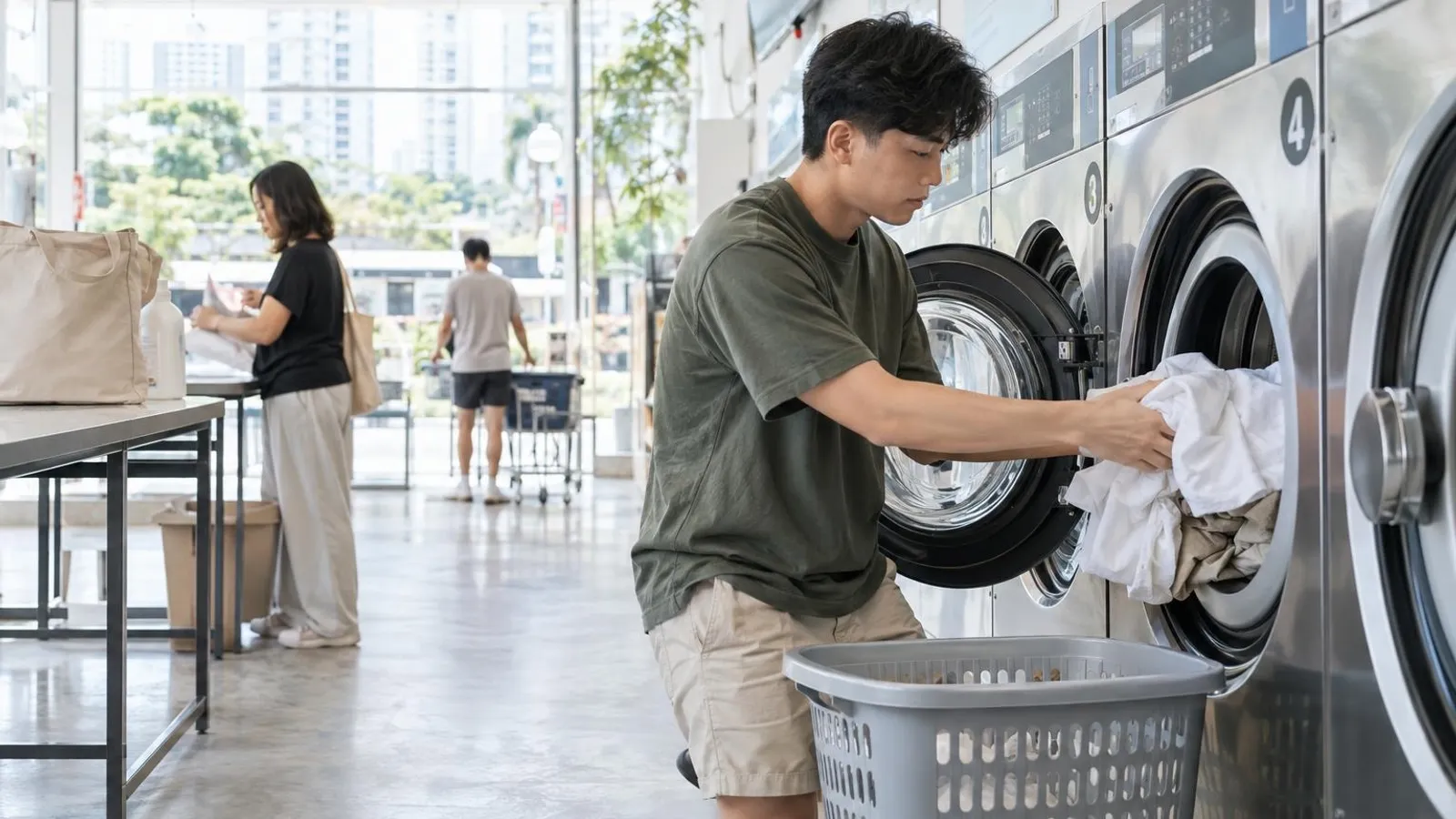 A young man loading a washing machine in a bright self-service laundromat