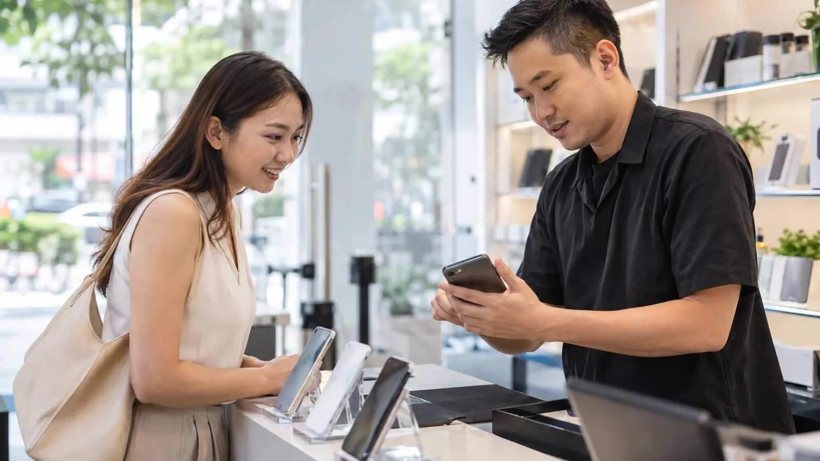 A shop assistant inspecting a customer's used smartphone at a bright clean buyback counter