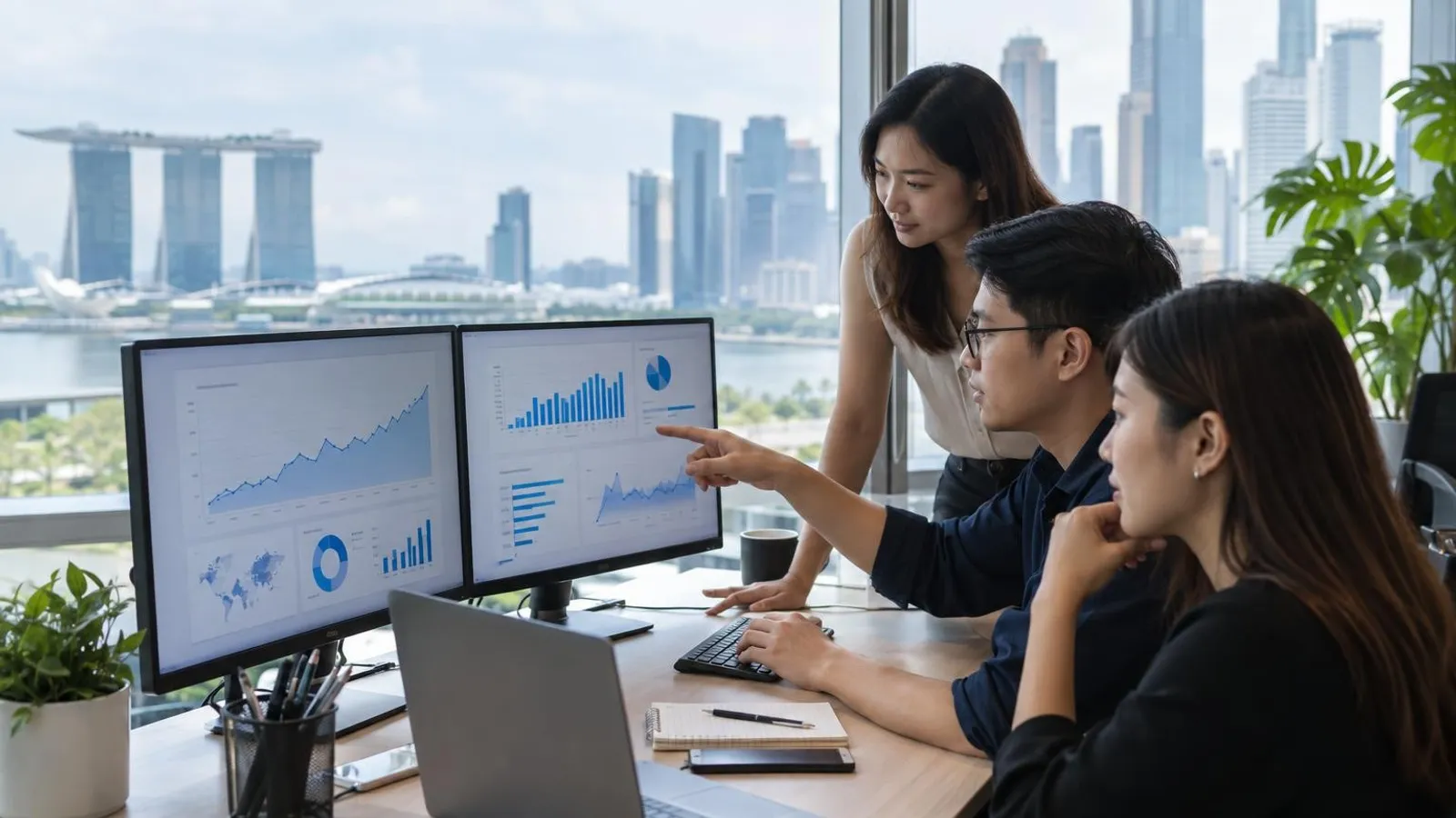 An SEO team reviewing website traffic analytics charts on dual monitors in a Singapore office