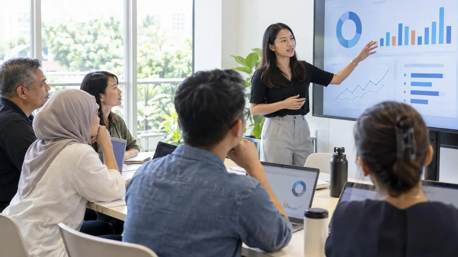 Adult learners watching an instructor explain an analytics dashboard on a screen in a bright training room