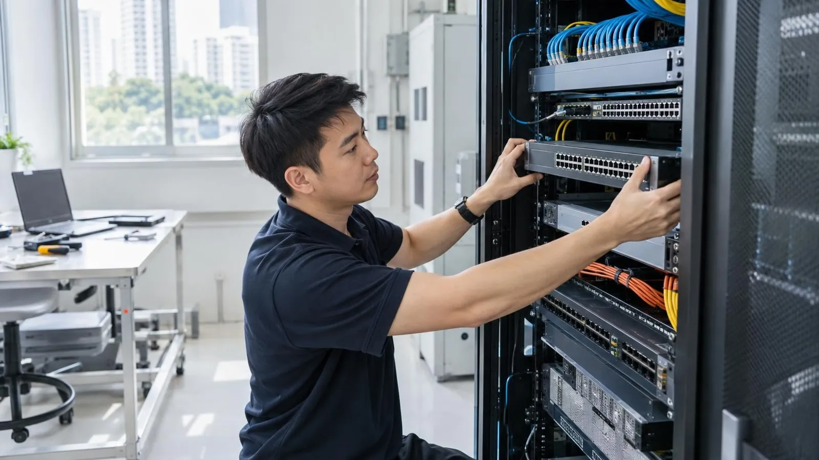 A technician installing a network switch into a tidy server rack in a bright clean server room