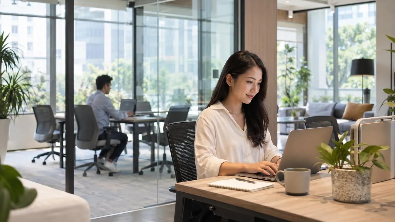 Serviced Offices: a customer and a provider in a bright, modern setting