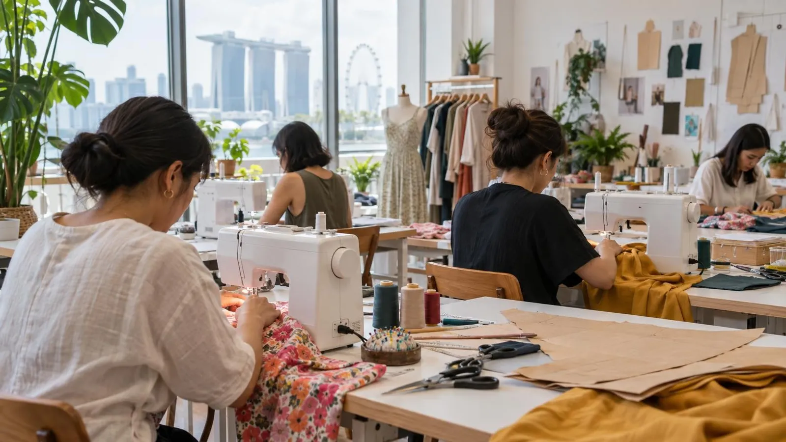 Adults at sewing machines with fabric and paper patterns in a bright Singapore sewing studio
