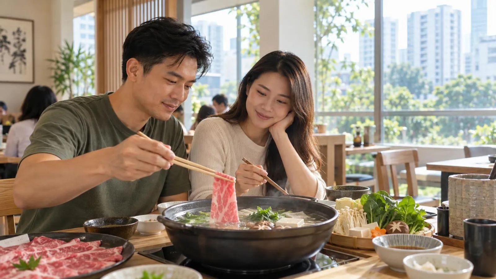 Thin slices of marbled beef being dipped into a bubbling shabu-shabu dashi hotpot at a bright modern Japanese restaurant in Singapore
