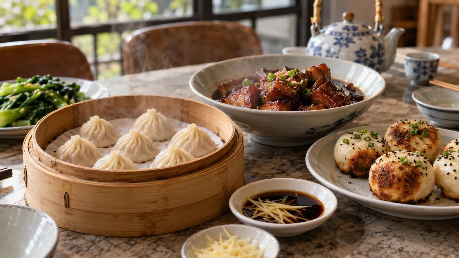 A Shanghainese spread — a bamboo steamer of xiao long bao with vinegar and ginger, a bowl of red-braised pork belly and pan-fried sheng jian bao