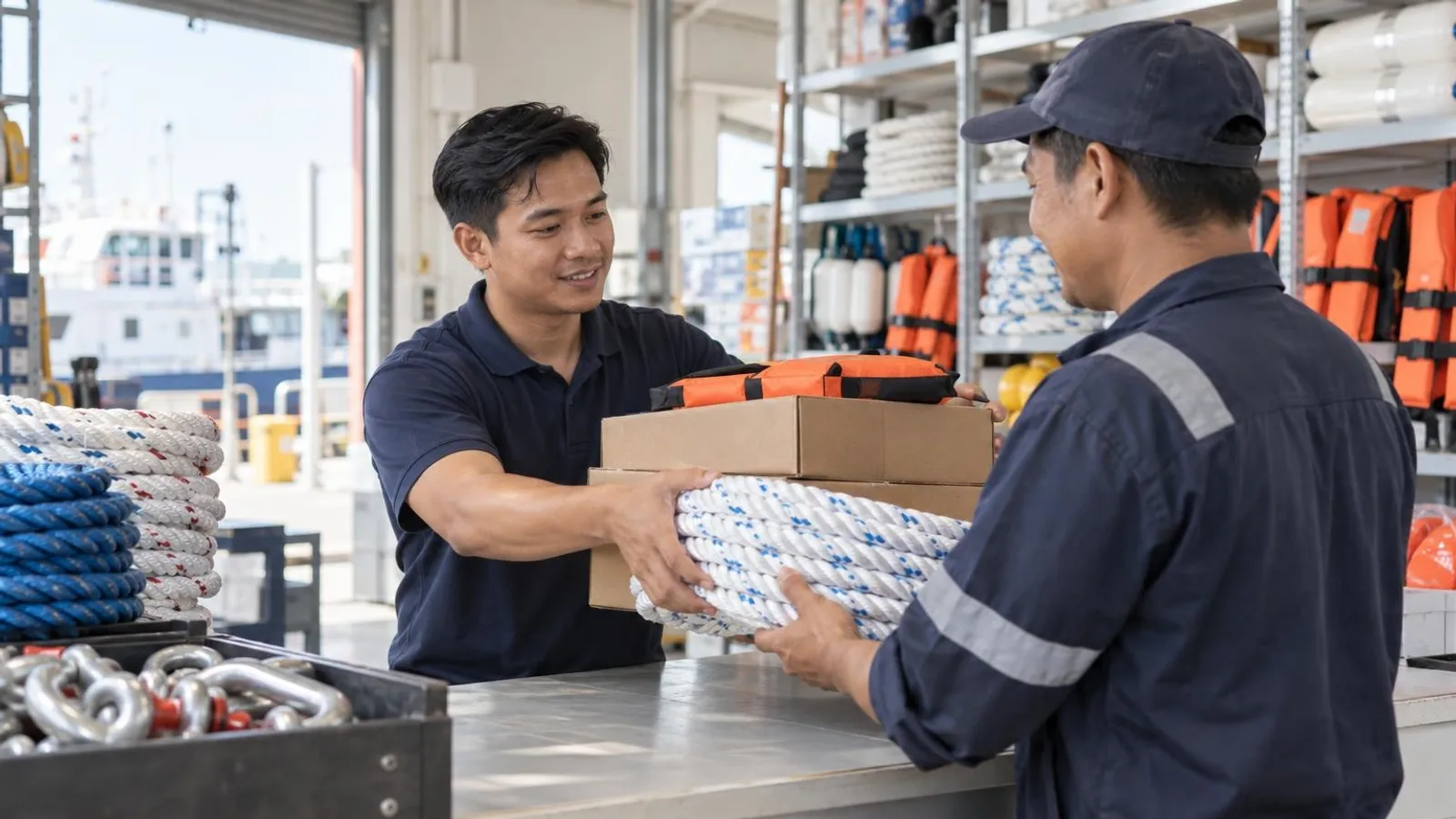 Ship Chandlers and Marine Suppliers: a customer and a provider in a bright, modern setting