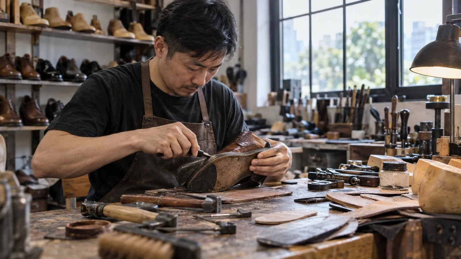 A cobbler resoling a leather shoe at a Singapore workshop bench