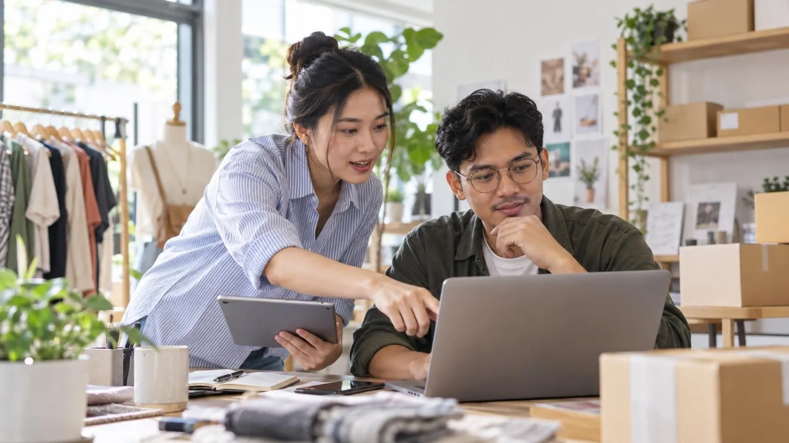 Shopify Agencies: a customer and a provider in a bright, modern setting