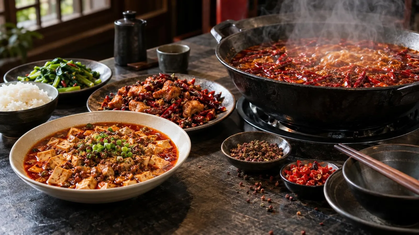 A spread of Sichuan dishes on a dark table — a bubbling red mala hotpot, mapo tofu and dry chilli chicken with dried chillies and Sichuan peppercorns