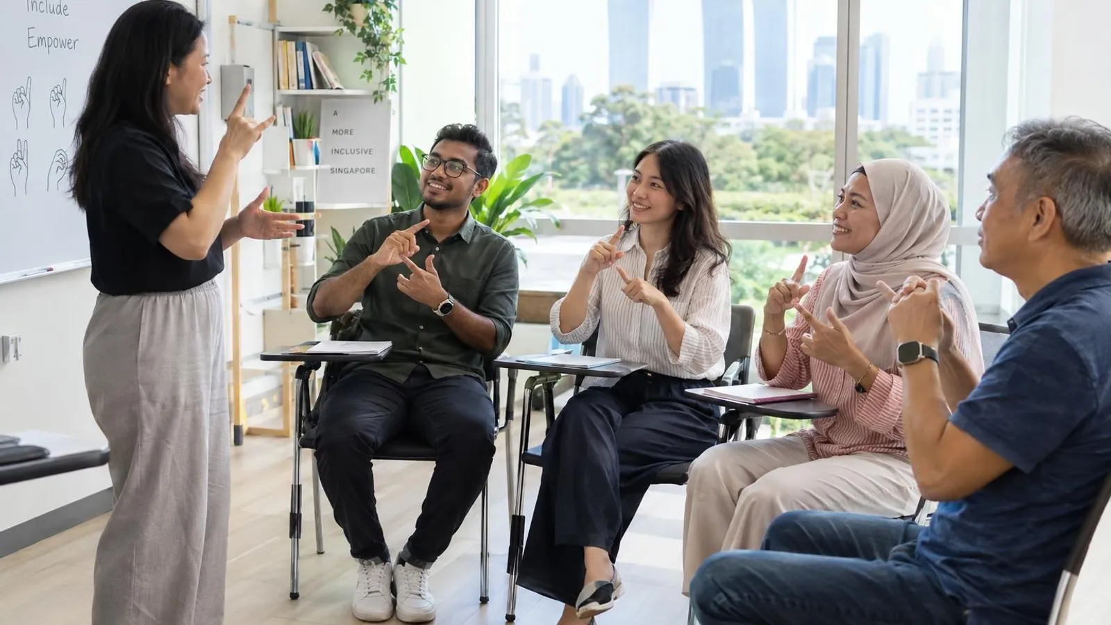 Adult learners and a teacher practising sign language together in a bright classroom