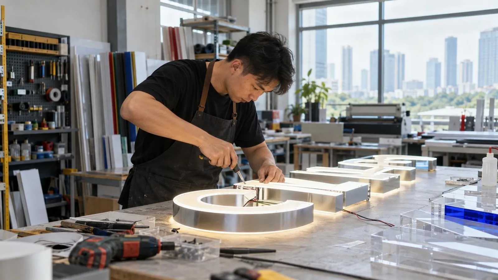 A signage maker fabricating an illuminated 3D sign at a Singapore workshop
