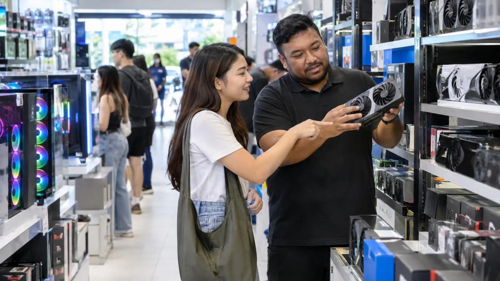 A young shopper browsing shelves of computer components and gadgets with a shopkeeper in a bright electronics mall aisle
