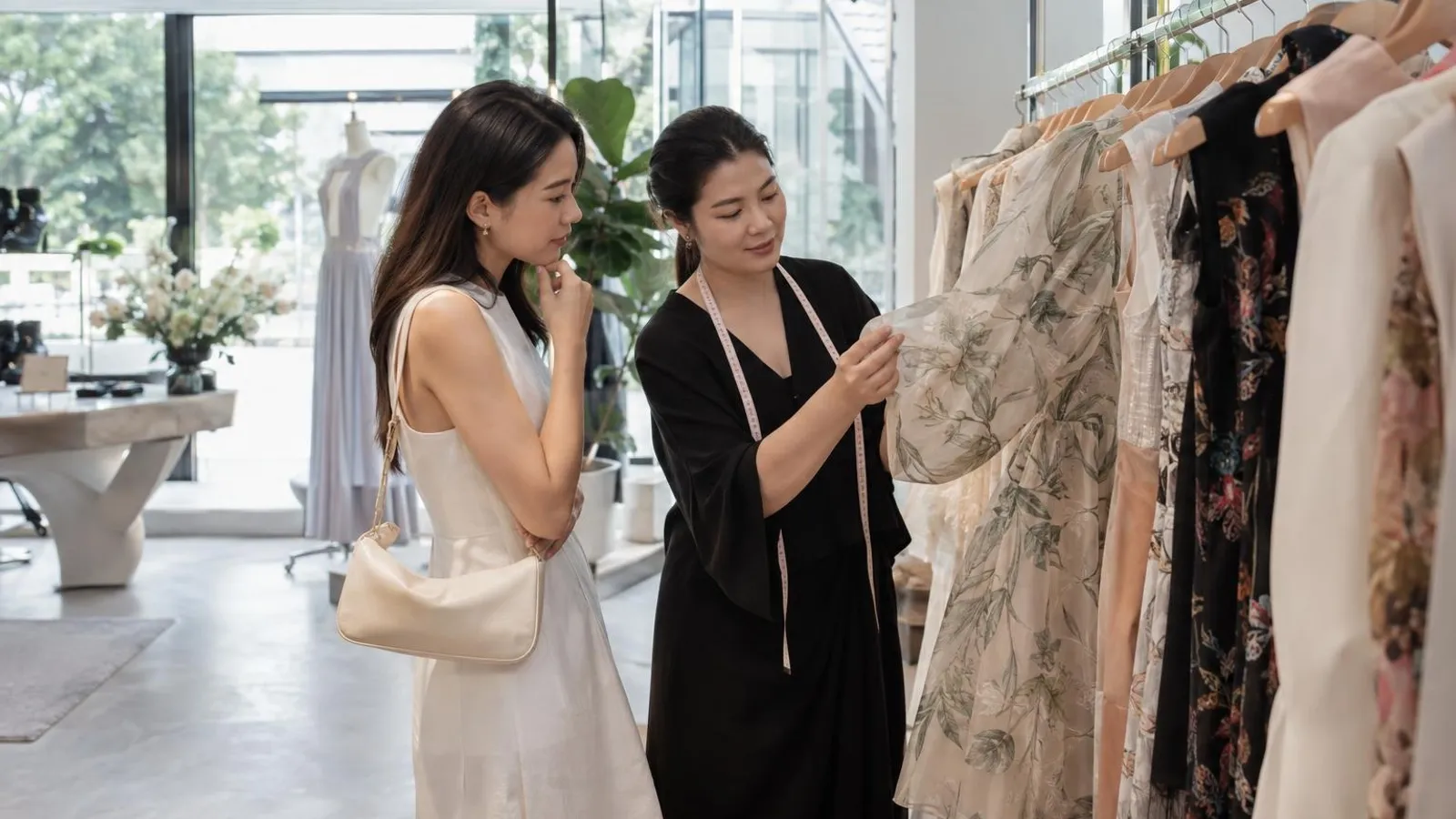 A woman looking at dresses on a rail in a minimalist fashion boutique with a stylist