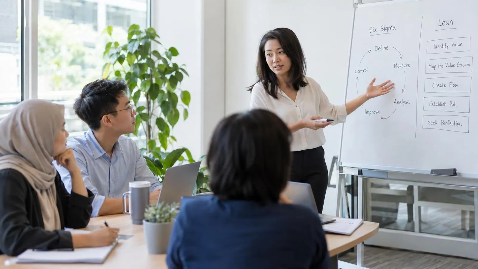 Six Sigma and Lean Training Providers: a customer and a provider in a bright, modern setting