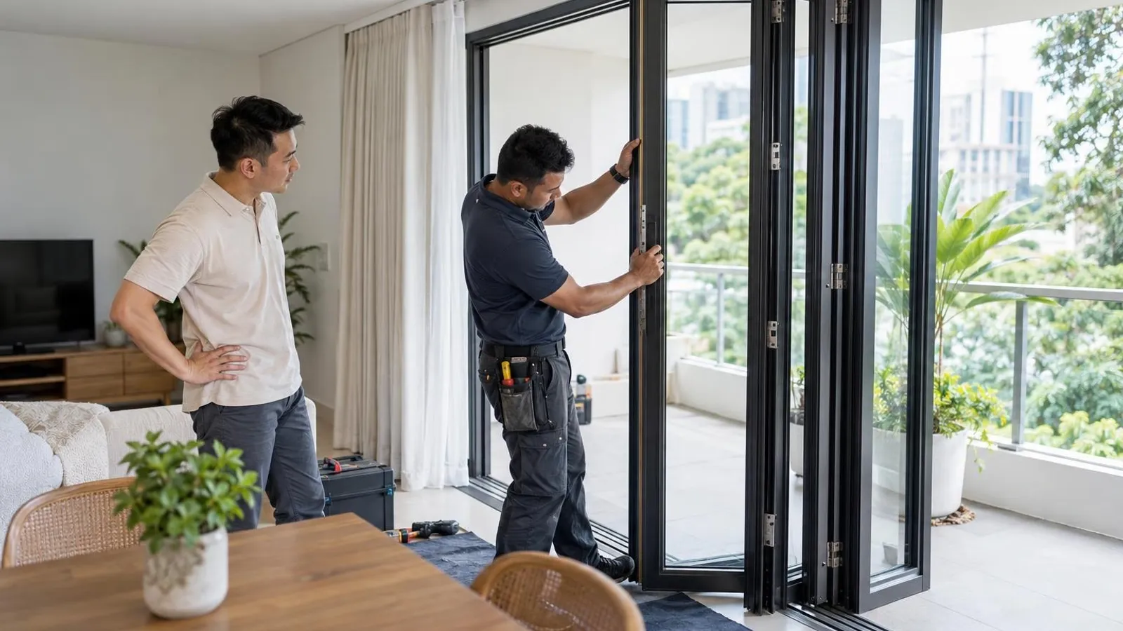 Sliding and Folding Door Installers: a customer and a provider in a bright, modern setting