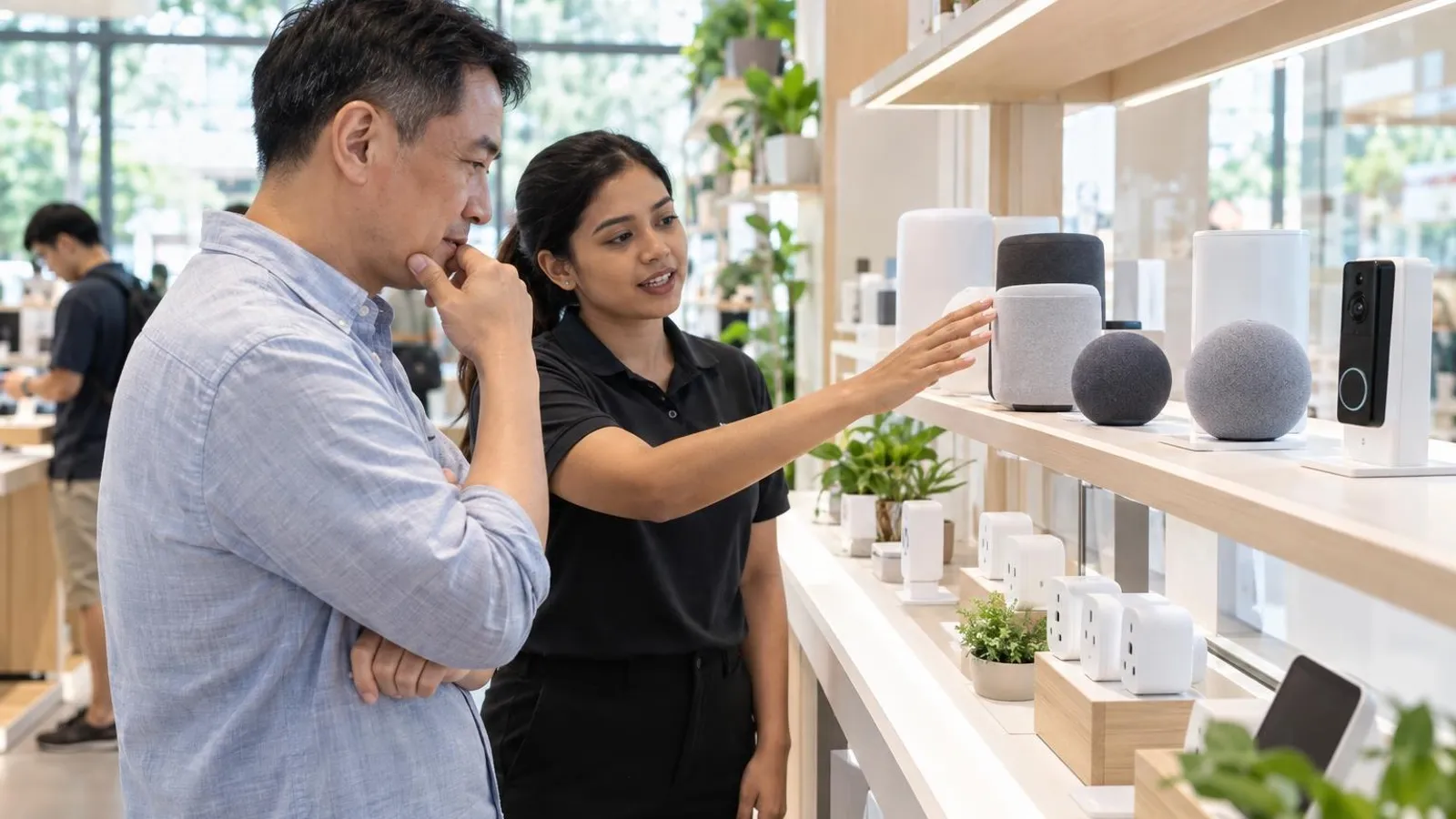 A customer looking at smart speakers, plugs and a video doorbell on a bright shop display while an assistant helps