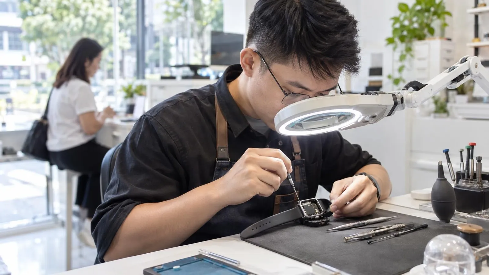 A technician carefully opening a smartwatch with tiny tools under a magnifier lamp at a bright clean repair counter