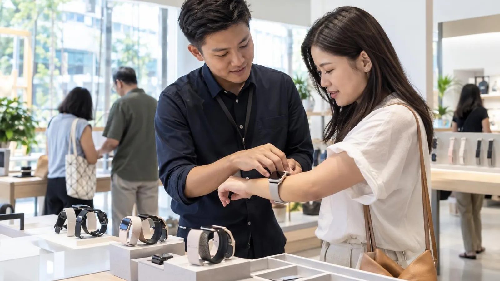 A shop assistant helping a customer try on a smartwatch at a bright store counter