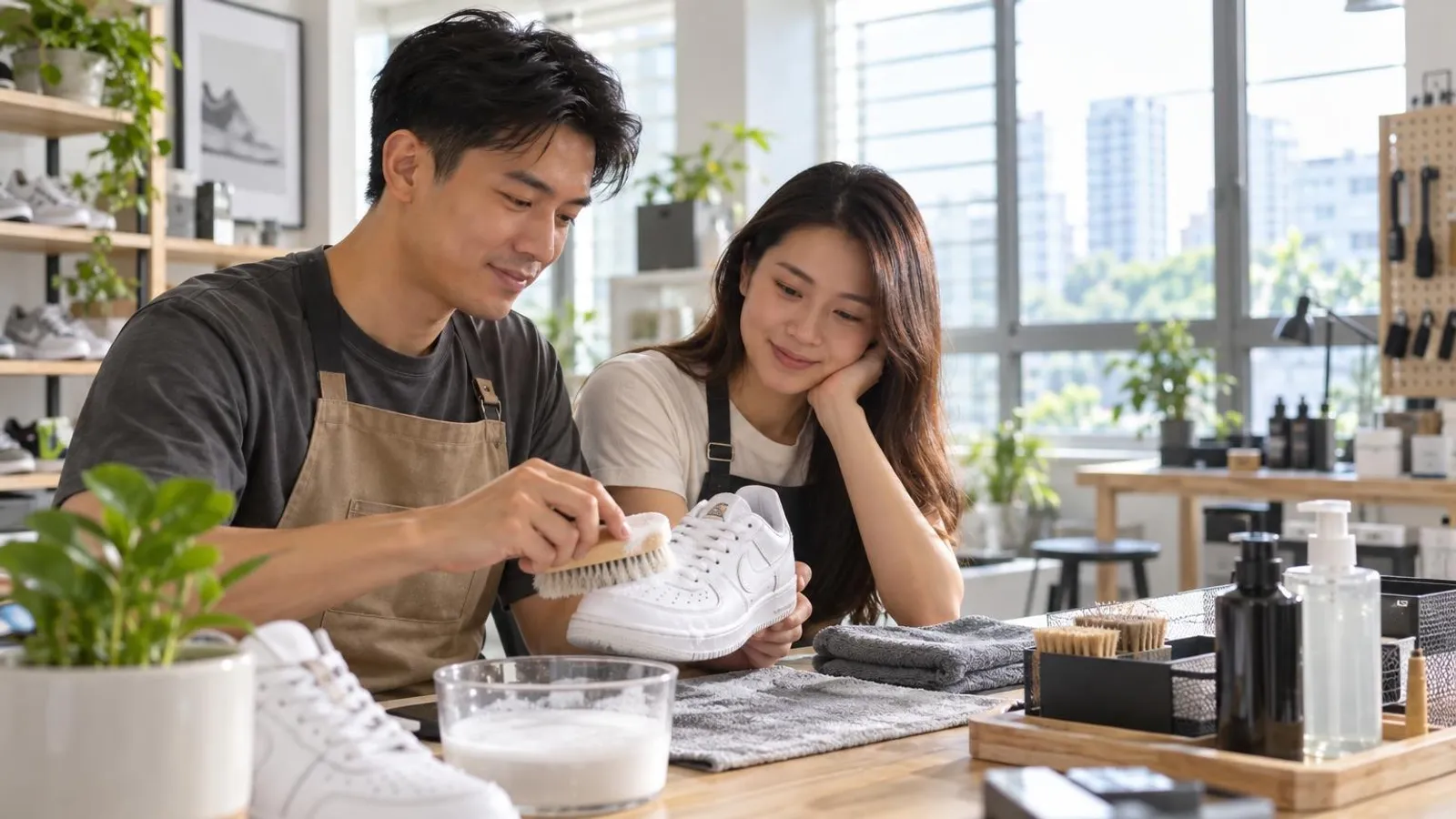 Hands cleaning a white sneaker with a brush and foam at a workbench in a bright Singapore sneaker care studio