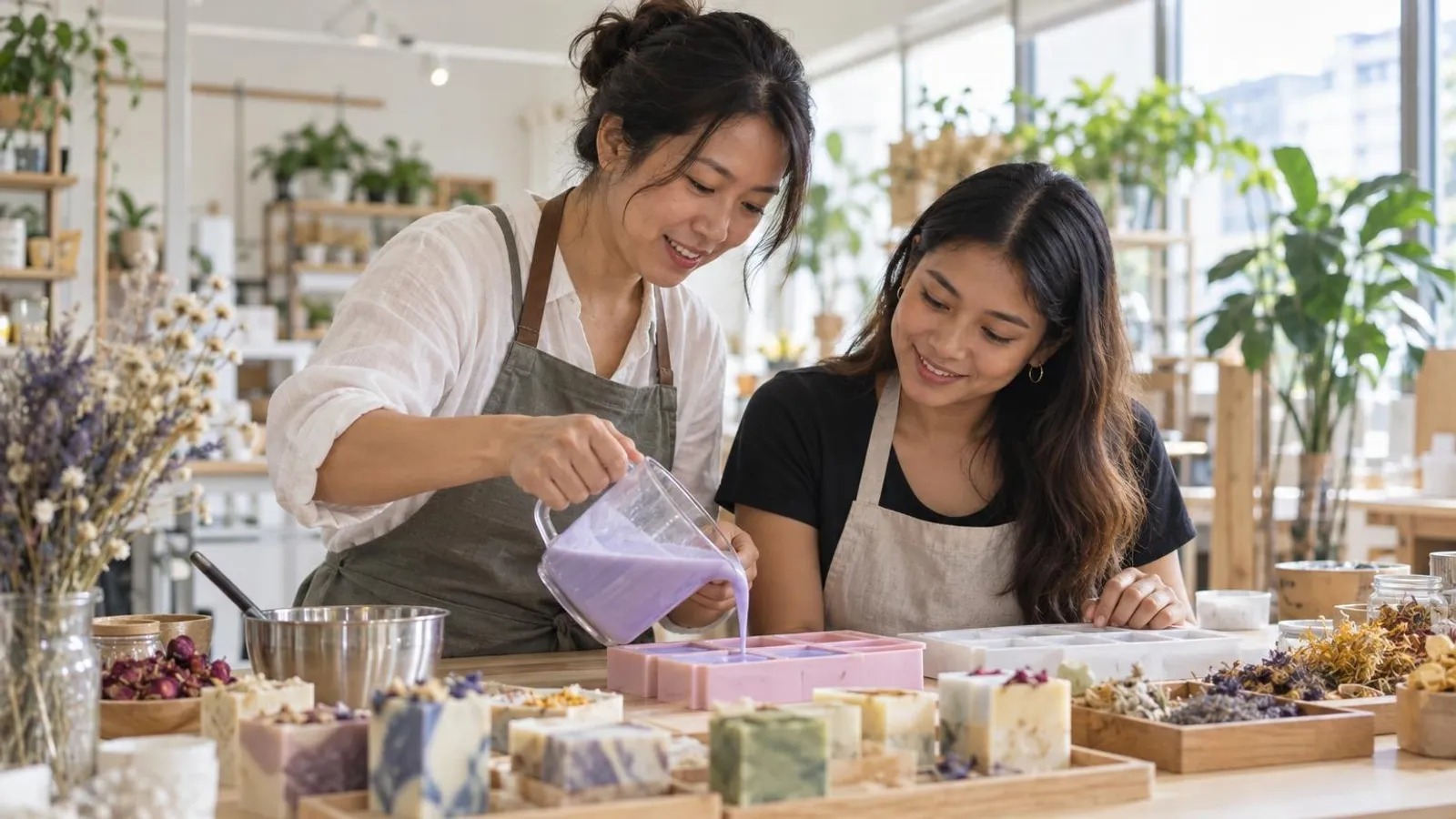 Soap Making Workshops: a customer and a provider in a bright, modern setting