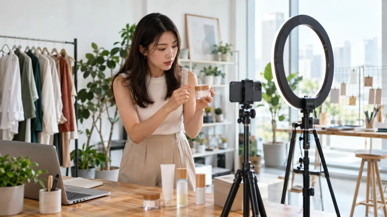A content creator filming a product with a ring light and smartphone in a Singapore studio
