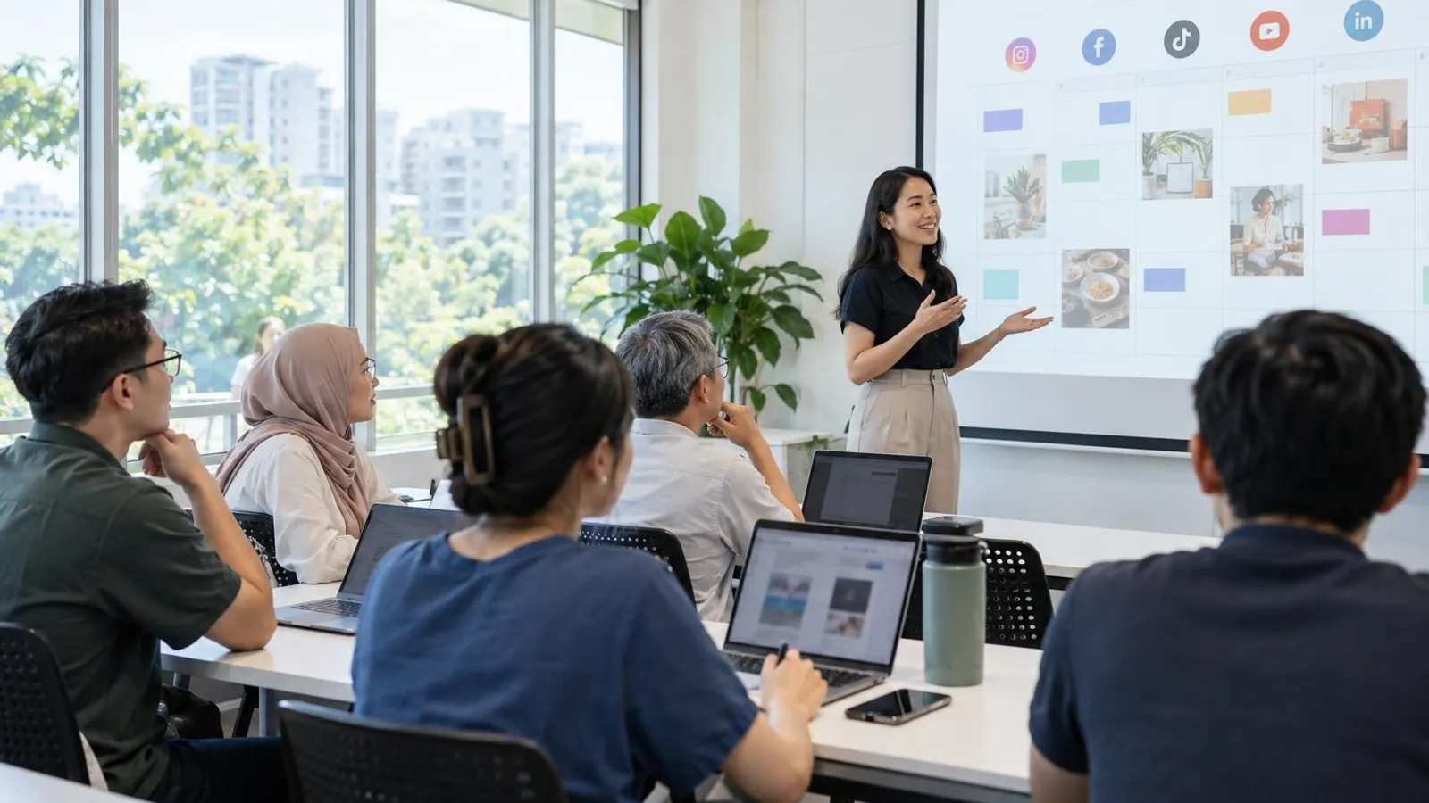 Adult learners at laptops while an instructor presents a social media content calendar in a bright classroom