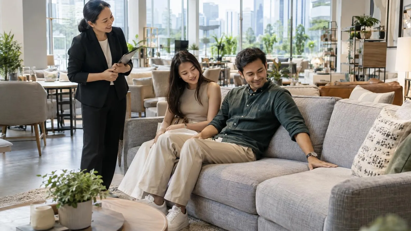 A couple trying out a grey sofa in a bright furniture showroom while a salesperson looks on