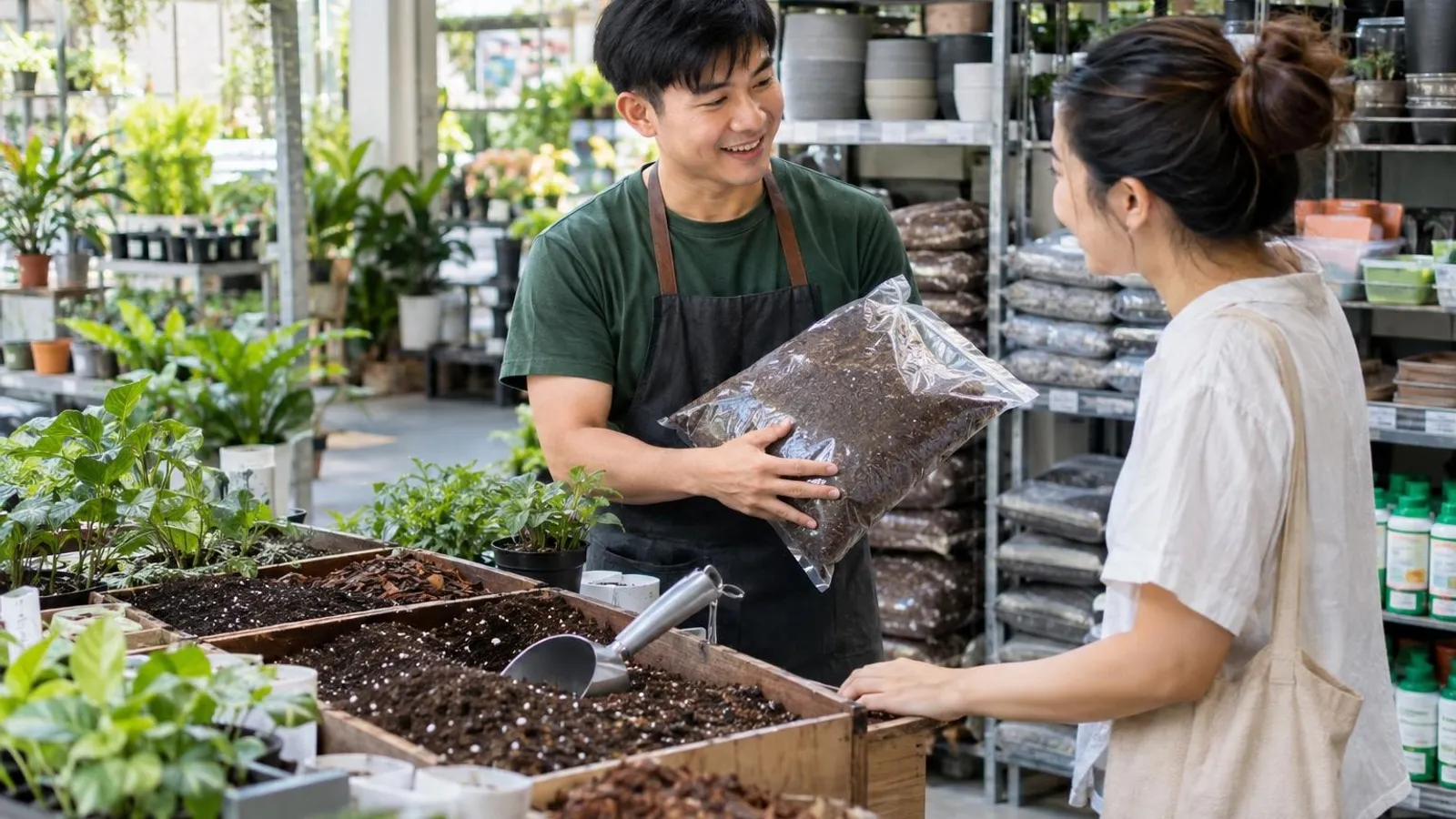Potting Soil and Fertiliser Suppliers: a customer and a provider in a bright, modern setting