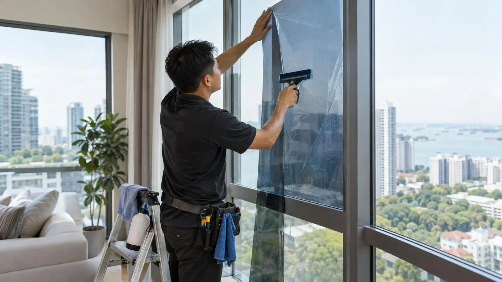 An installer applying solar window film to a large glass window in a bright Singapore condo