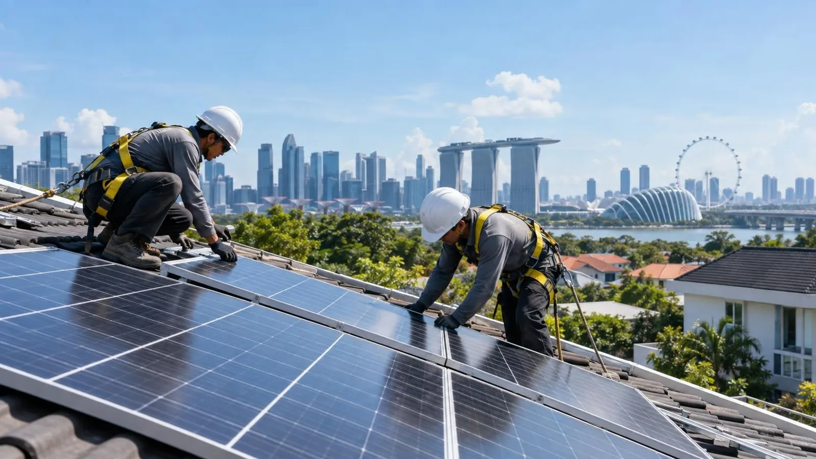 Technicians installing solar photovoltaic panels on a residential rooftop in sunny Singapore